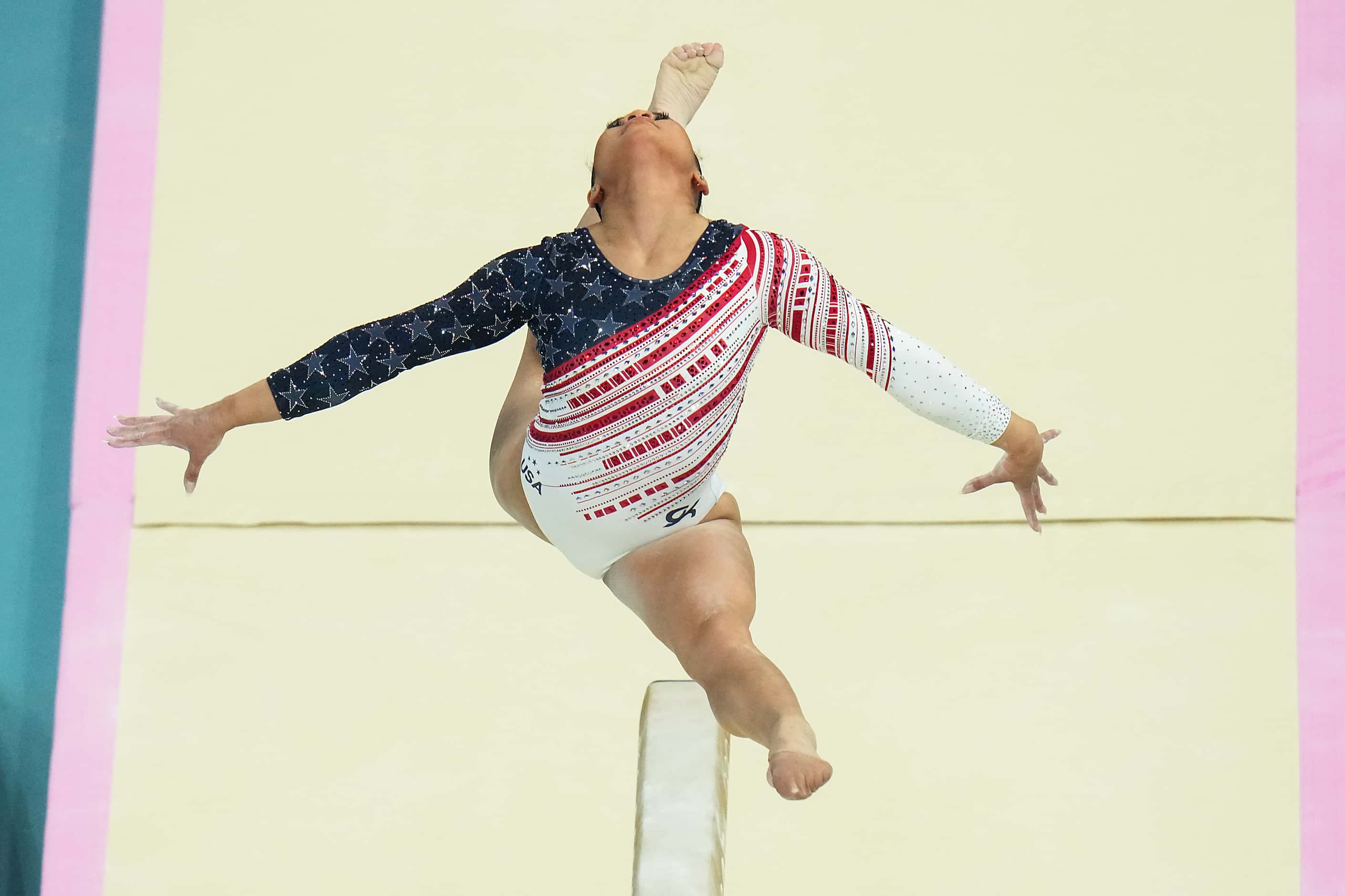 Suni Lee of the United States competes on the balance beam during the women’s gymnastics...