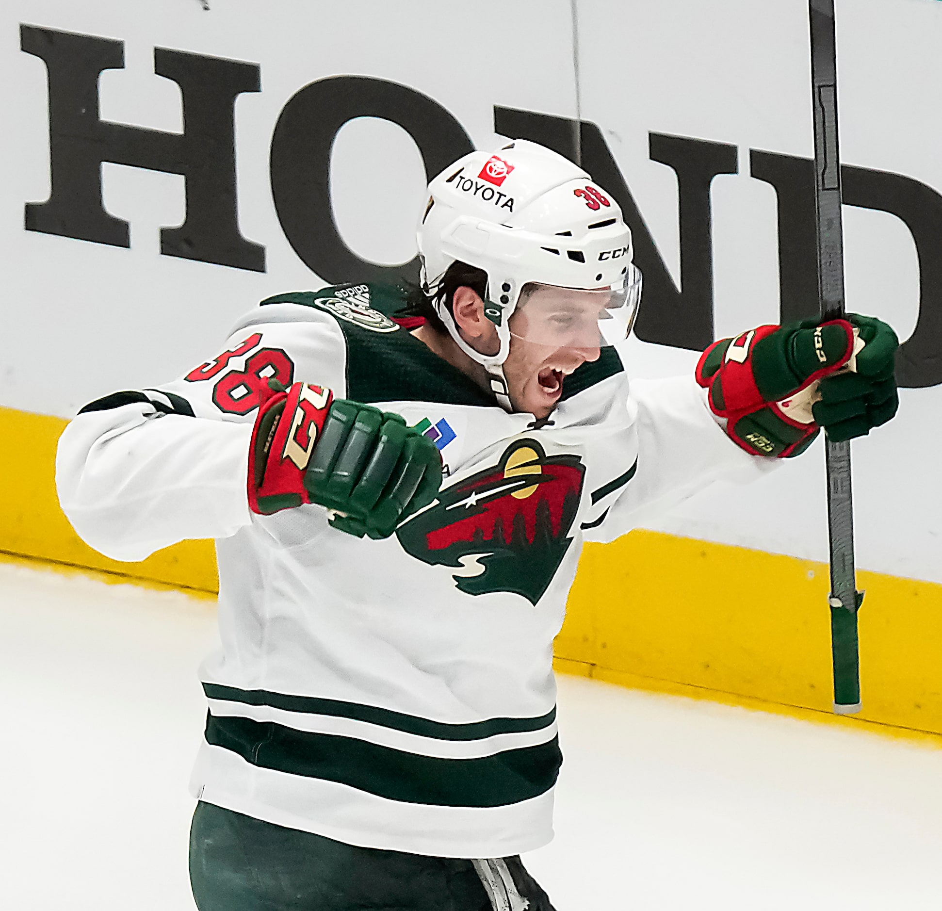 Minnesota Wild right wing Ryan Hartman (38) celebrates scoring the game winning goal during...