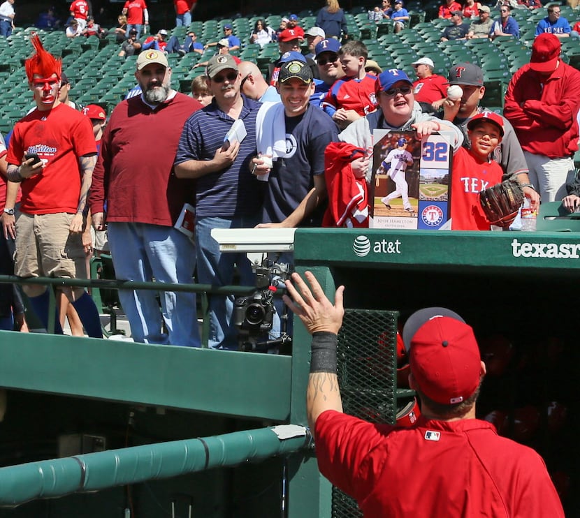 Angels' outfielder Josh Hamilton visits with fans before the Texas Rangers vs. Los Angeles...