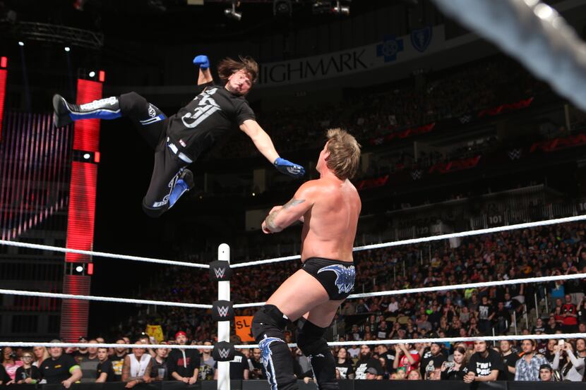 AJ Styles prepares to hit Chris Jericho with a flying forearm on an epsiode of Monday Night...