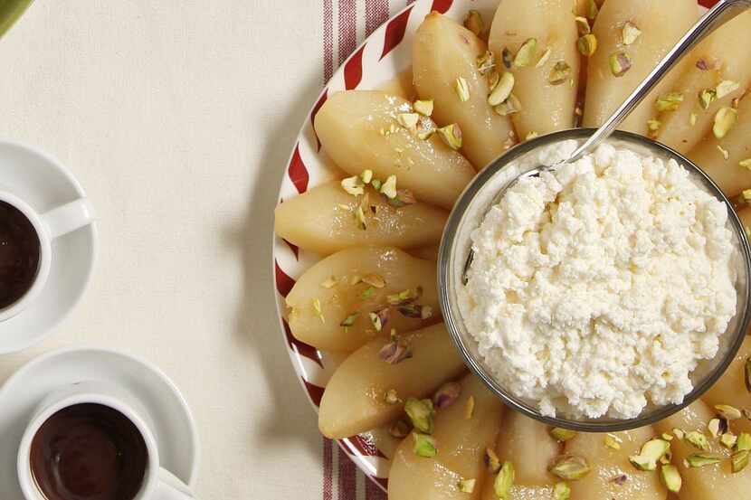 Maple Poached Pears With Ricotta and Pistachios