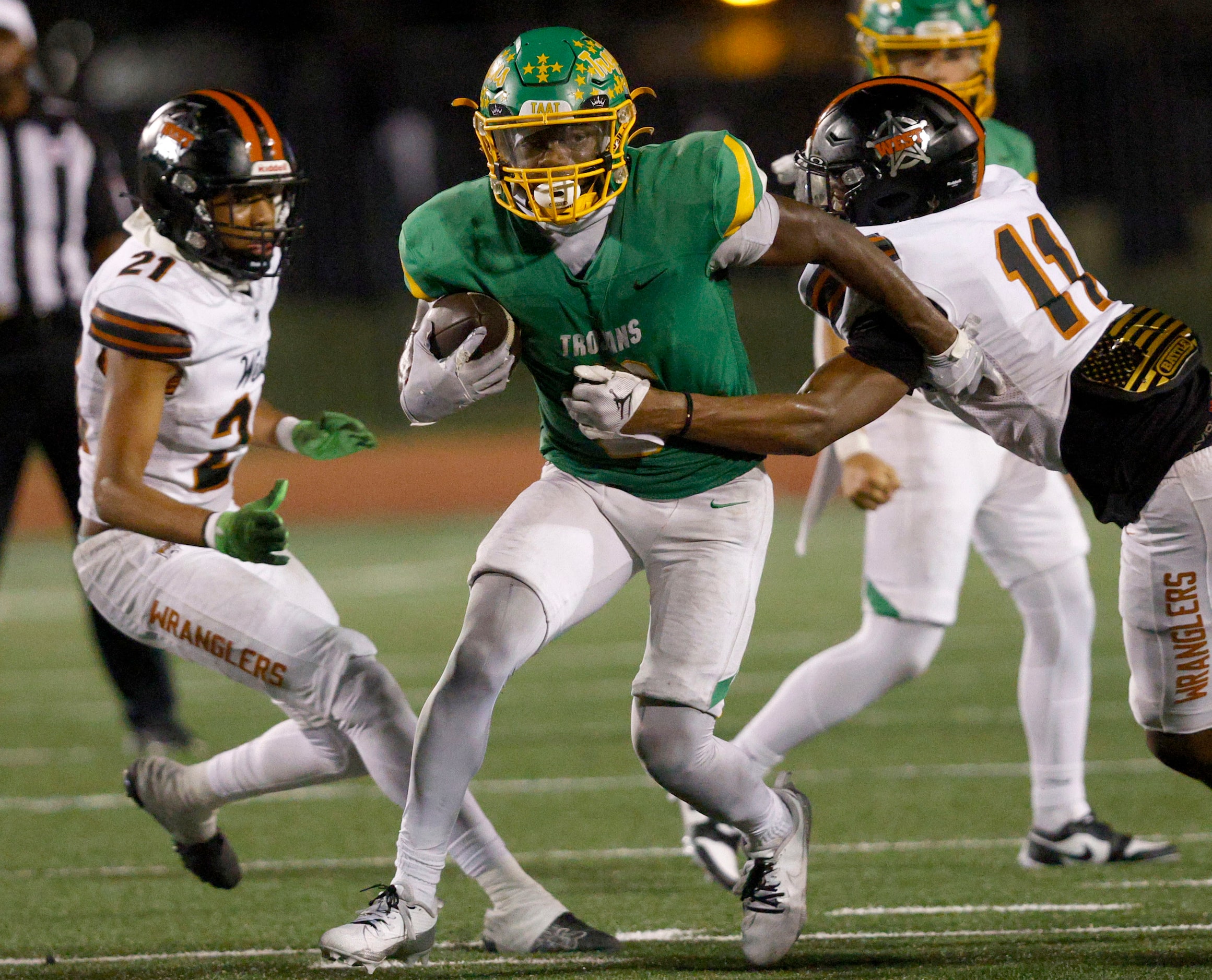 Newman Smith's Allijah Harrison (6) keeps the ball away from West Mesquite's Antonio Dale...