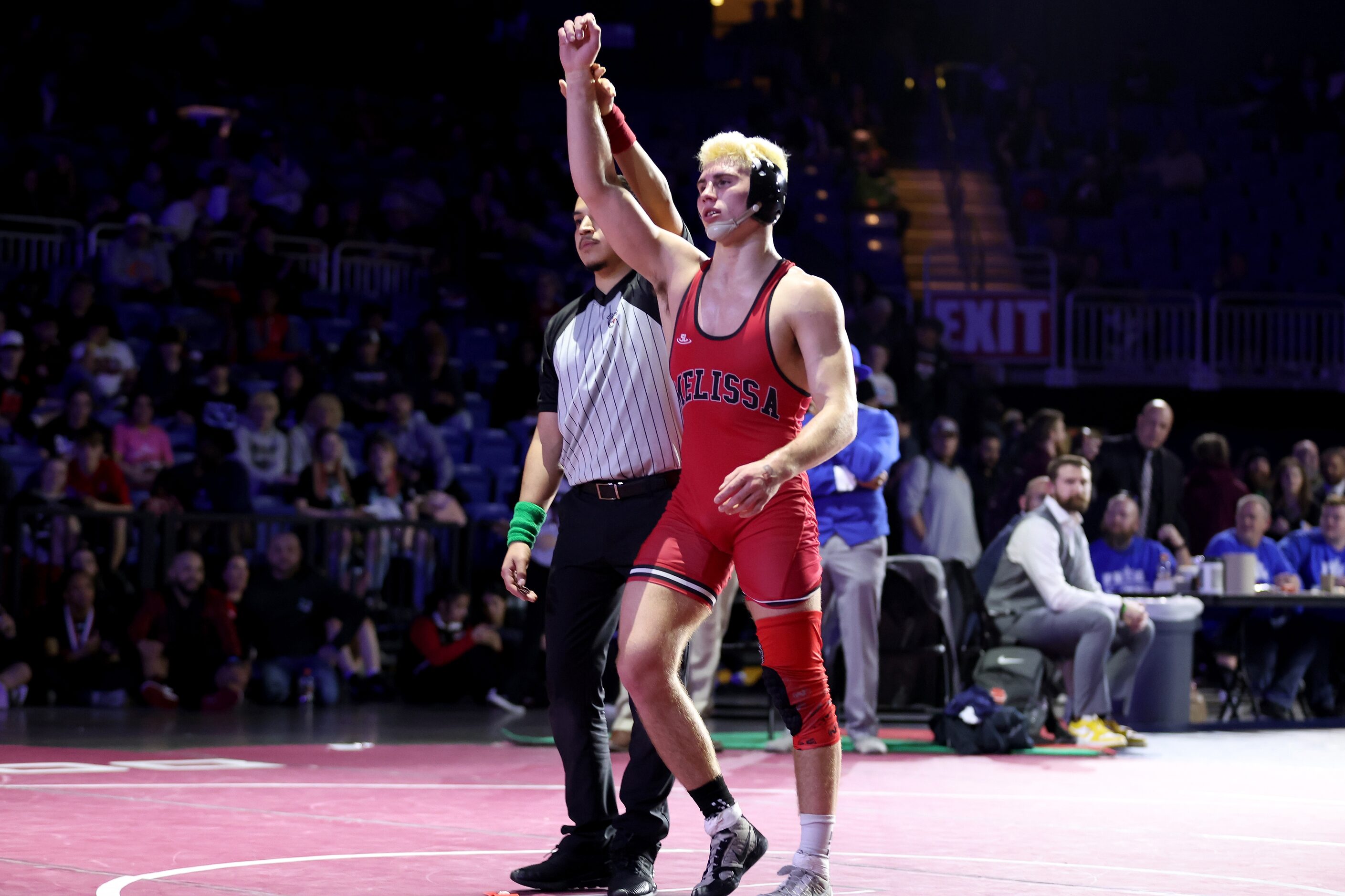 Angelo Ferrari of Melissa (red) defeats Isaac Zapata of Georgetown in the Boys 5A 175-pound...