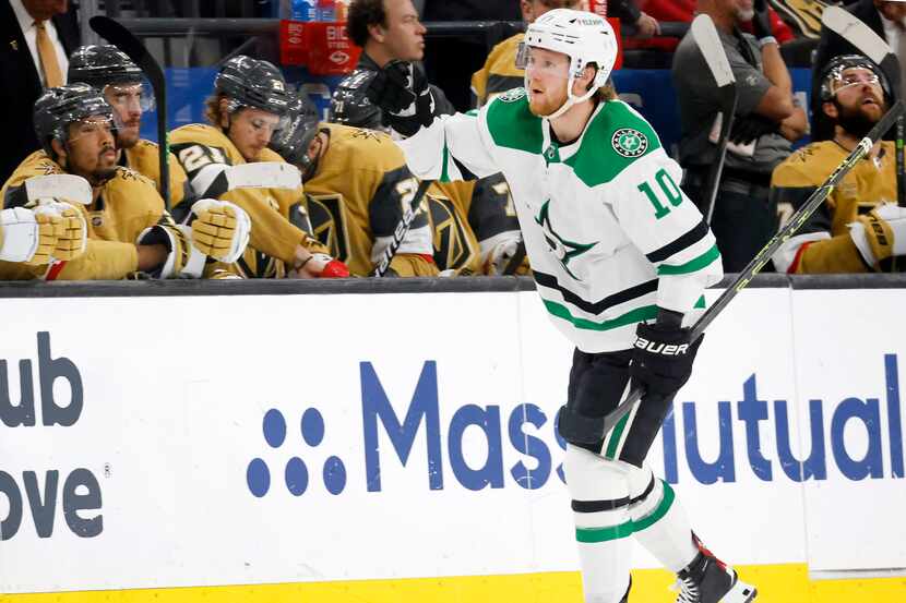 Dallas Stars center Ty Dellandrea (10) celebrates his second of two goals in front of the...