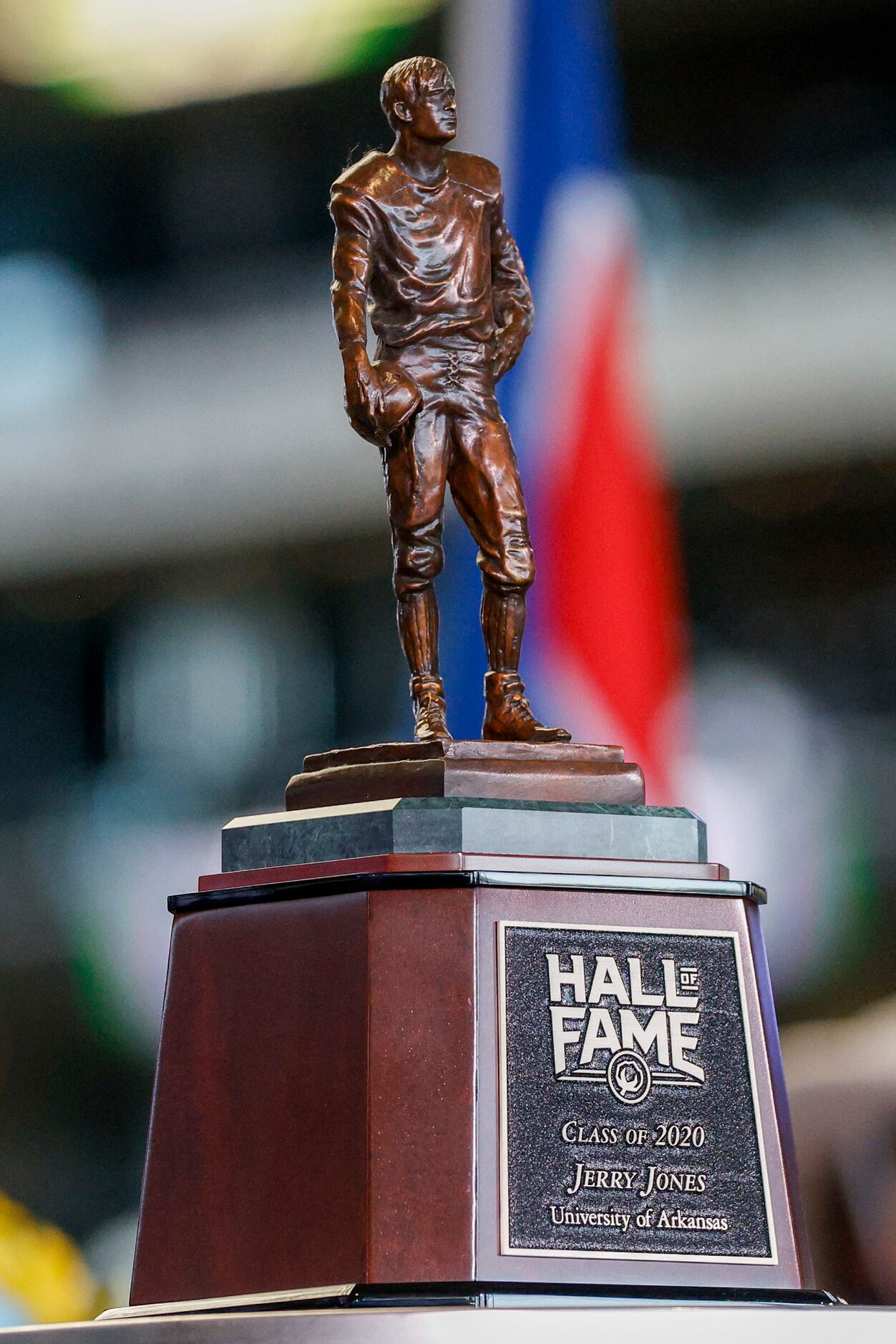 Dallas Cowboys owner Jerry Jones’ Cotton Bowl Hall of Fame trophy sits on a table during an...