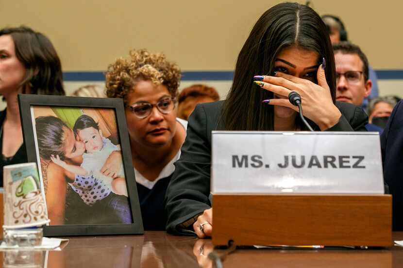 Yazmin Juárez, reacts as a photo of her daughter Mariee, who died after being released from...