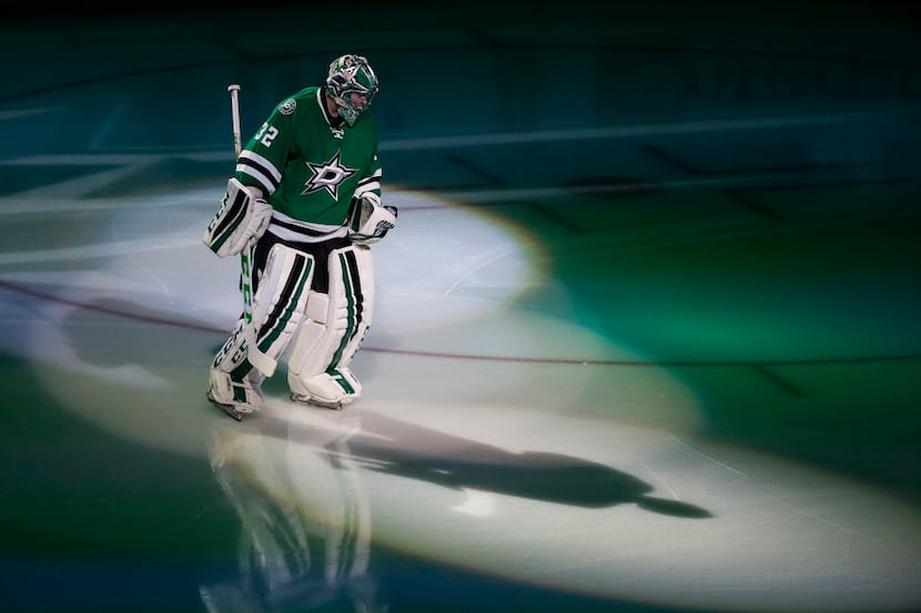 Dallas Stars goalie Kari Lehtonen takes the ice before Game 7 of the Western Conference...