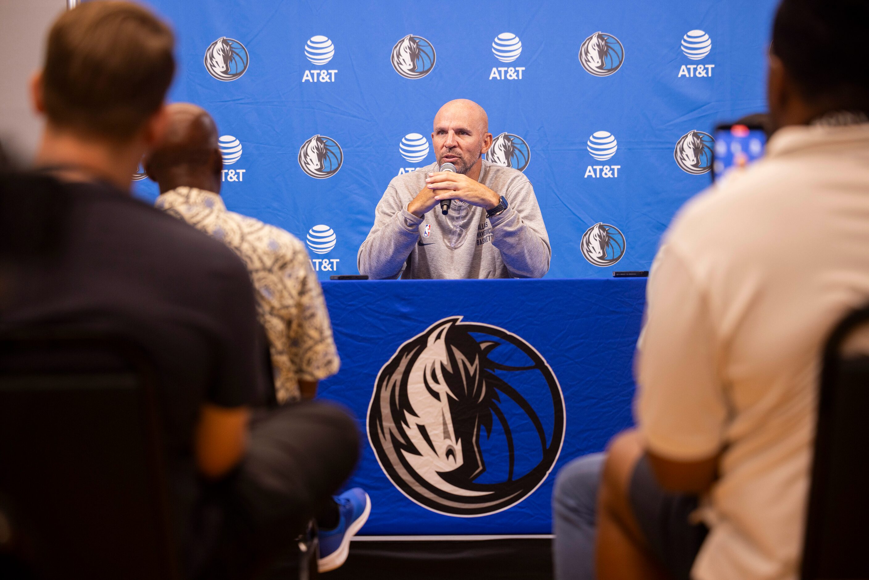 Dallas Mavericks head coach Jason Kidd speaks to reporters at the Mavericks Training Center...