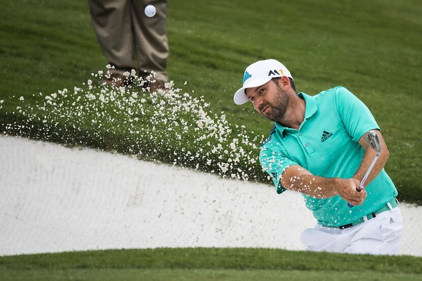 Sergio Garcia of Spain hits from the sand on the on the 11th hole during the third round of...