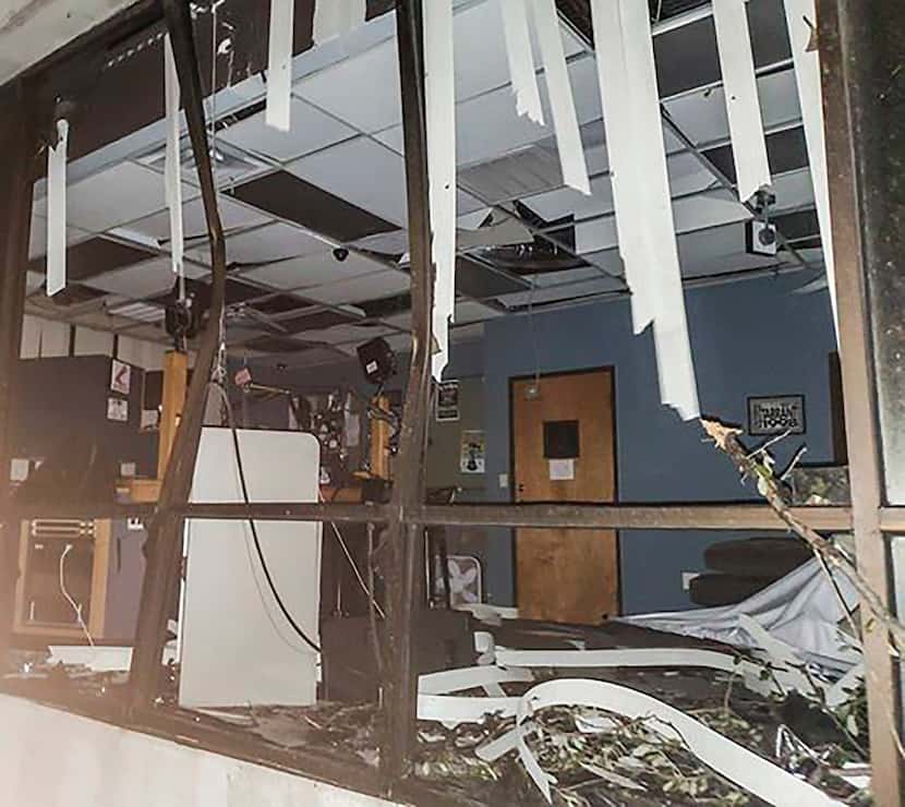 In this Sunday, Oct. 20, 2019 photo offered by Lew Morris, damage to the KNON-FM radio...
