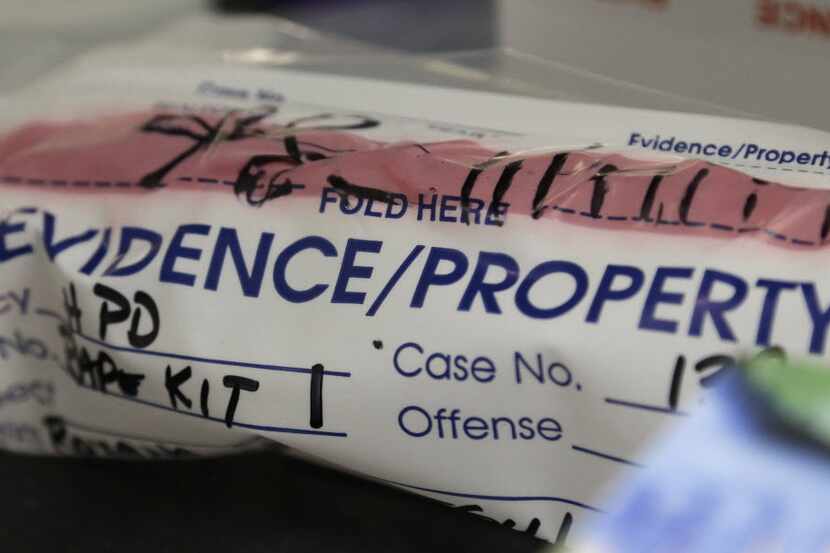 An evidence bag from a sexual assault case in the biology lab at the Houston Forensic...
