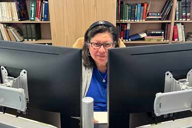 Maria Halkias at her desk at The Dallas Morning News.