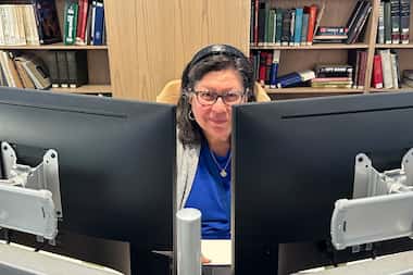 Maria Halkias at her desk at The Dallas Morning News.