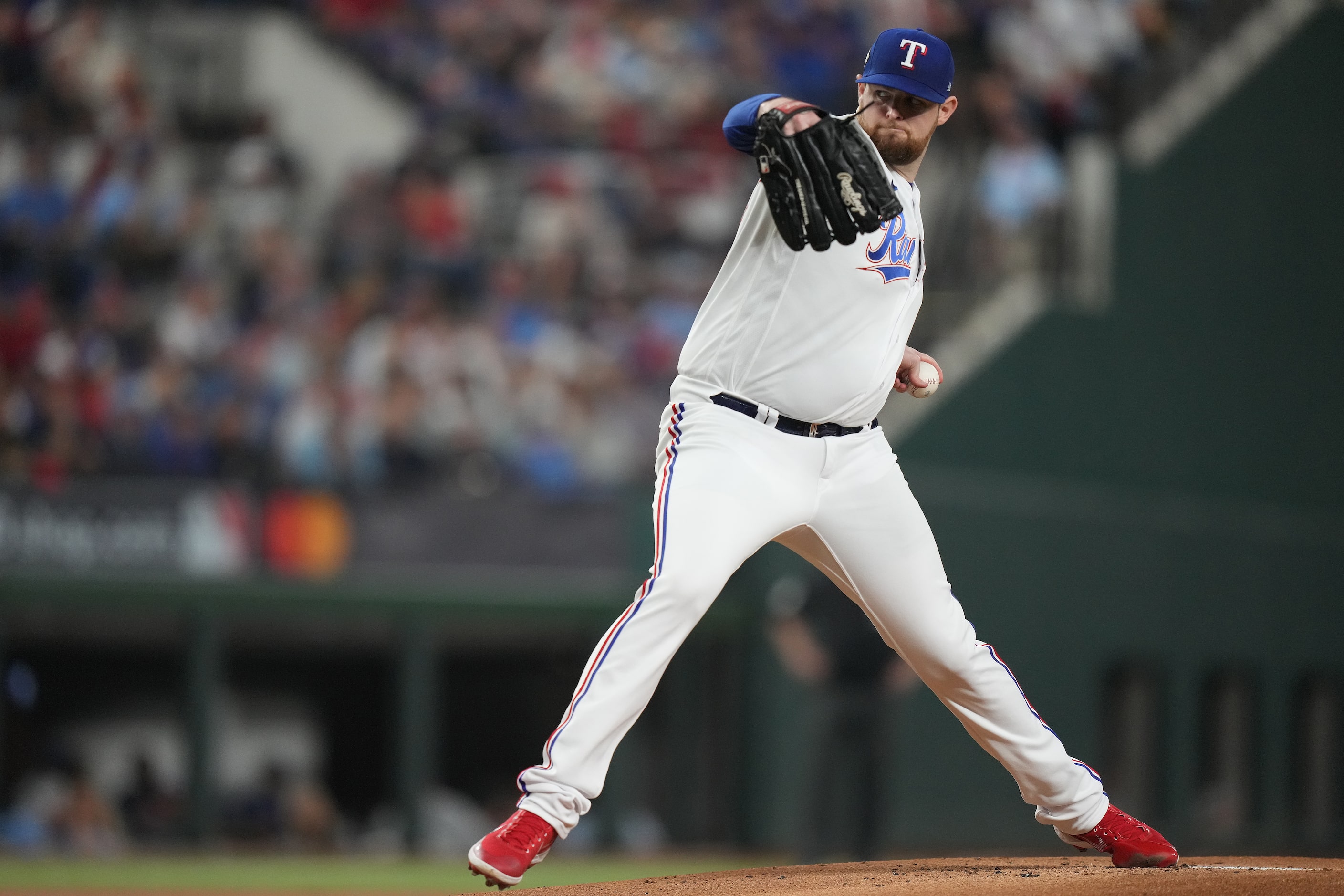 Texas Rangers starting pitcher Jordan Montgomery delivers during the first inning in Game 2...