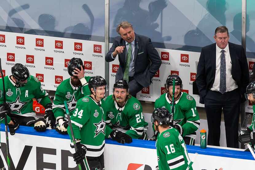 Interim head coach Rick Bowness of the Dallas Stars on the bench during Game Two of the...