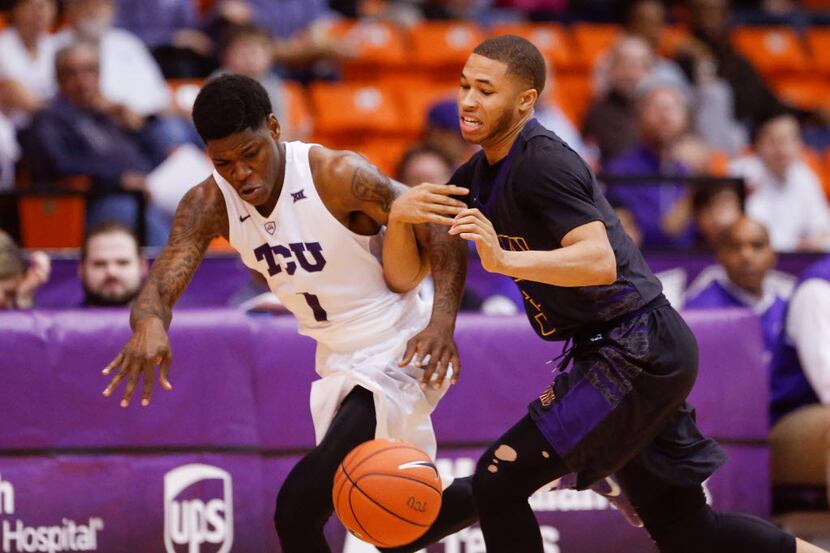 Dec 11, 2015; Fort Worth, TX, USA; TCU Horned Frogs guard Chauncey Collins (1) and Prairie...