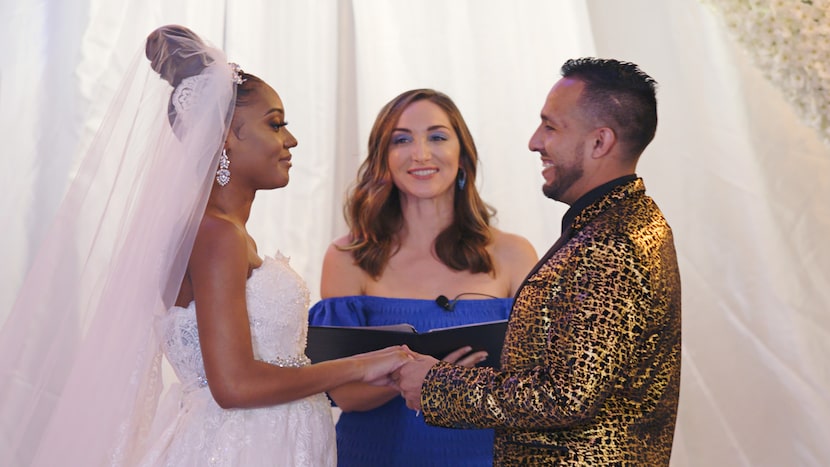 "The Wedding Coach" host Jamie Lee (center) offered some support to Savannah and Cesar, who...