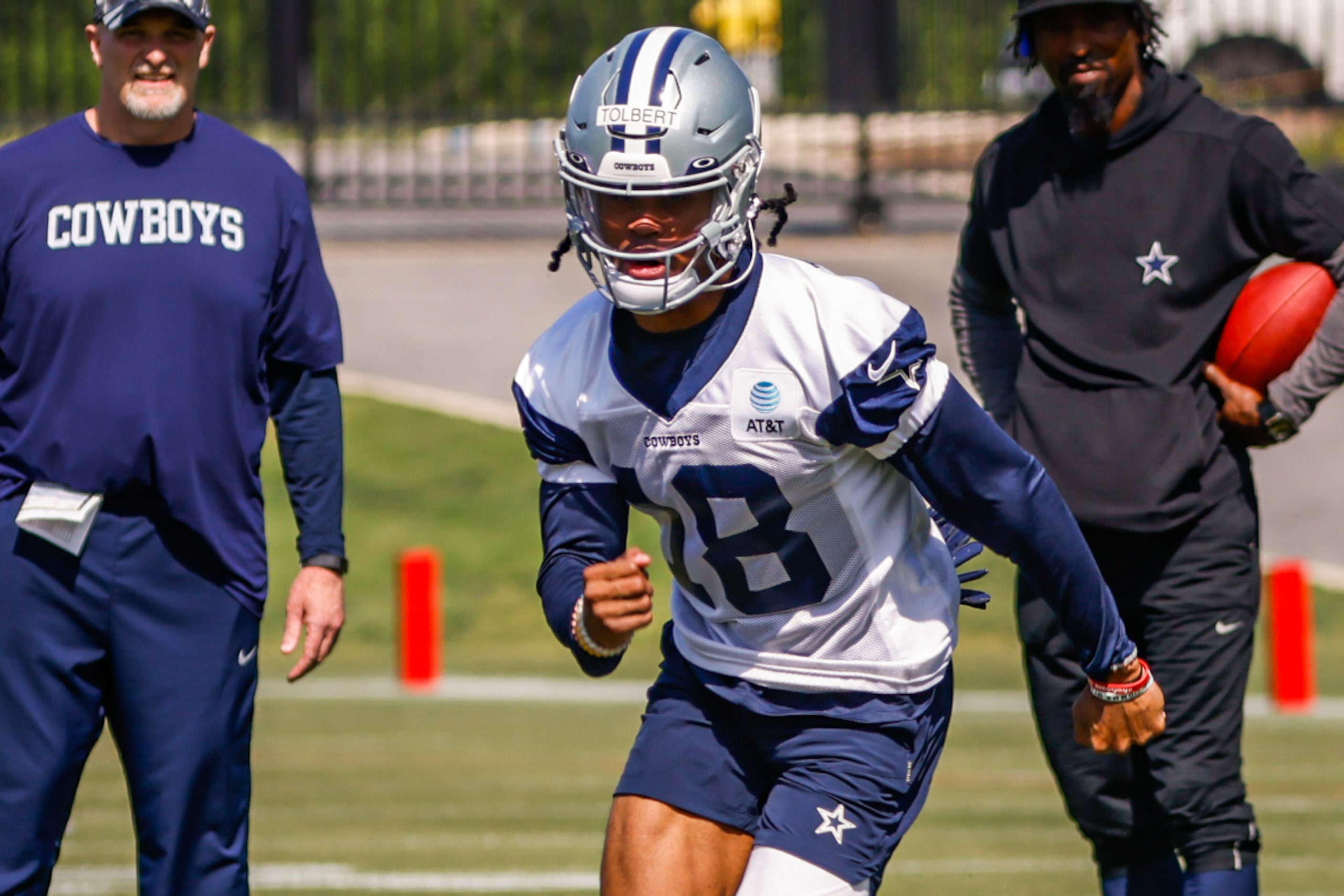 Dallas Cowboys wide receiver (18) Jalen Tolbert during a Cowboys rookie minicamp at The Star...