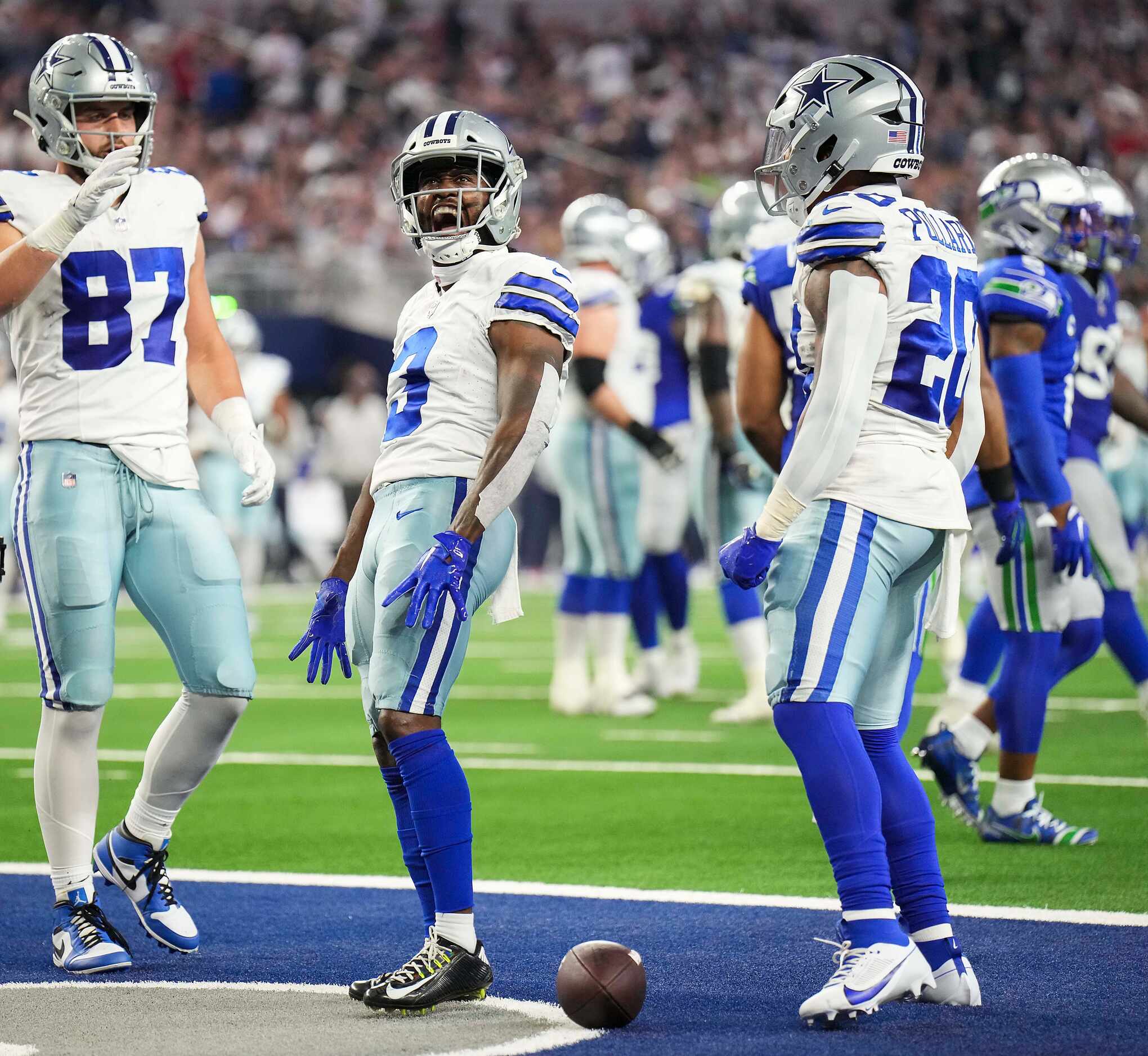 Dallas Cowboys wide receiver Brandin Cooks (3) celebrates after catching a 7-yard touchdown...