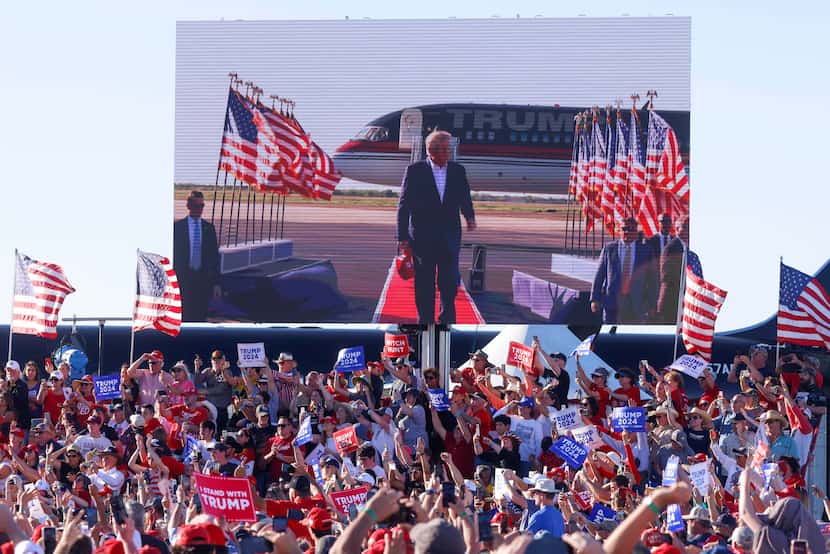 Former President Donald Trump arrives to speak at his first 2024 campaign rally Saturday in...