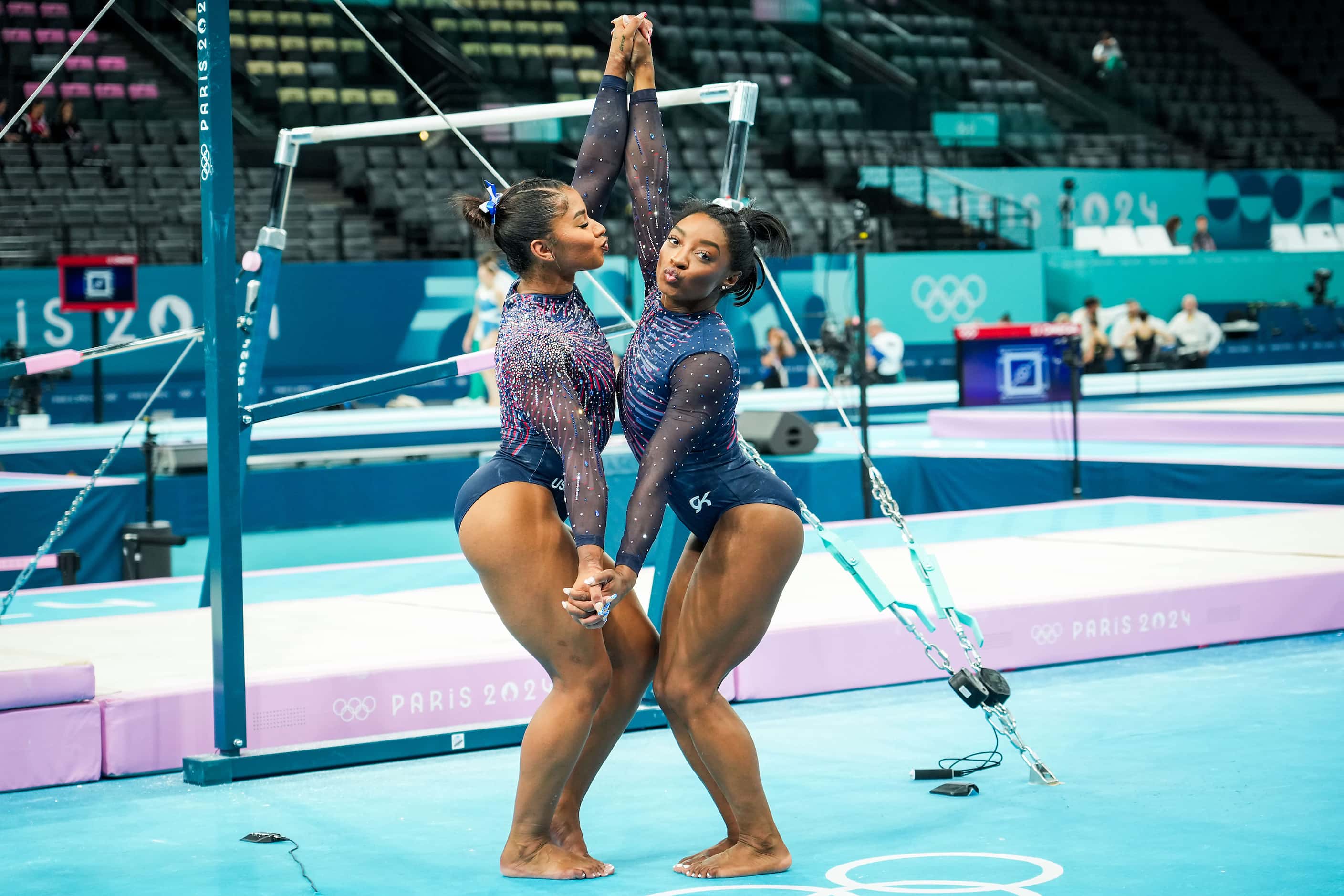 Simone Biles (right) and Jordan Chiles of the United States poses for a photos following...