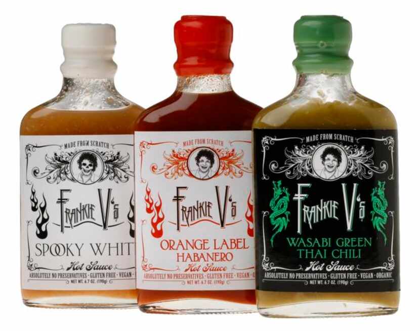 
Frankie V's made-from-scratch hot sauces: (from left) Spooky White hot sauce, Orange Label...