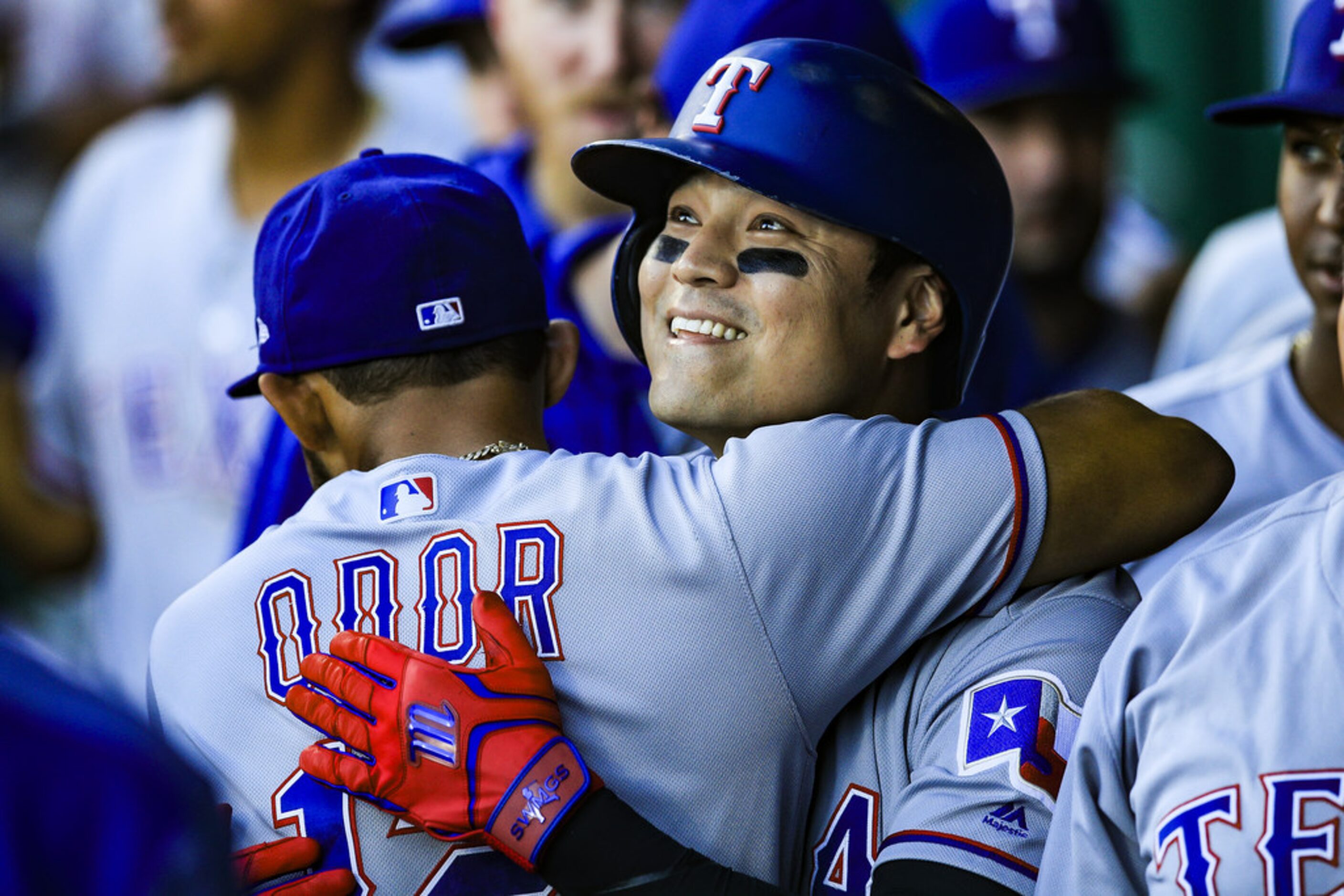 KANSAS CITY, MO - JUNE 18: Shin-Soo Choo #17 of the Texas Rangers celebrates hitting a home...