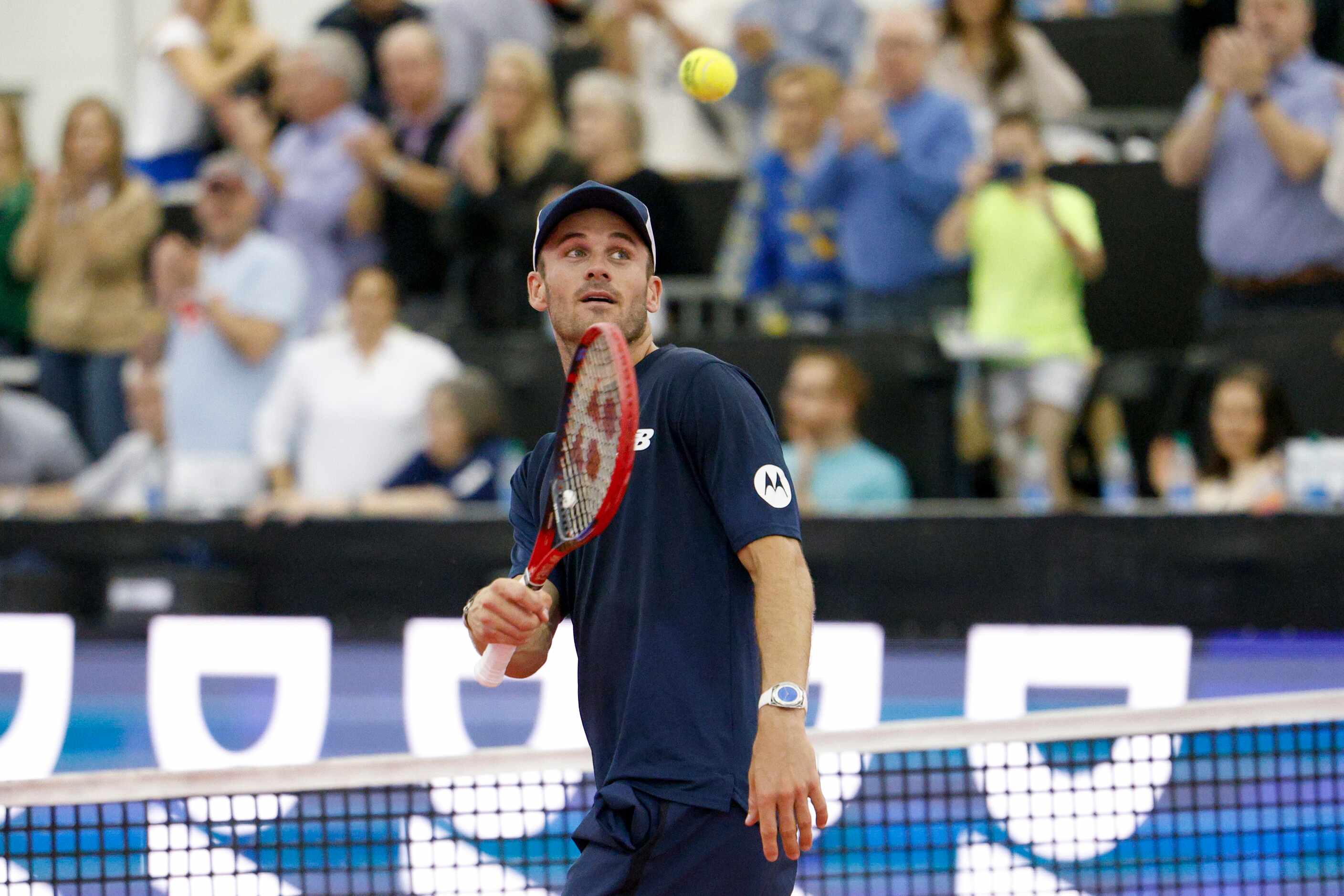 Tommy Paul of the U.S. hits a tennis ball to fans after winning the ATP Dallas Open men's...