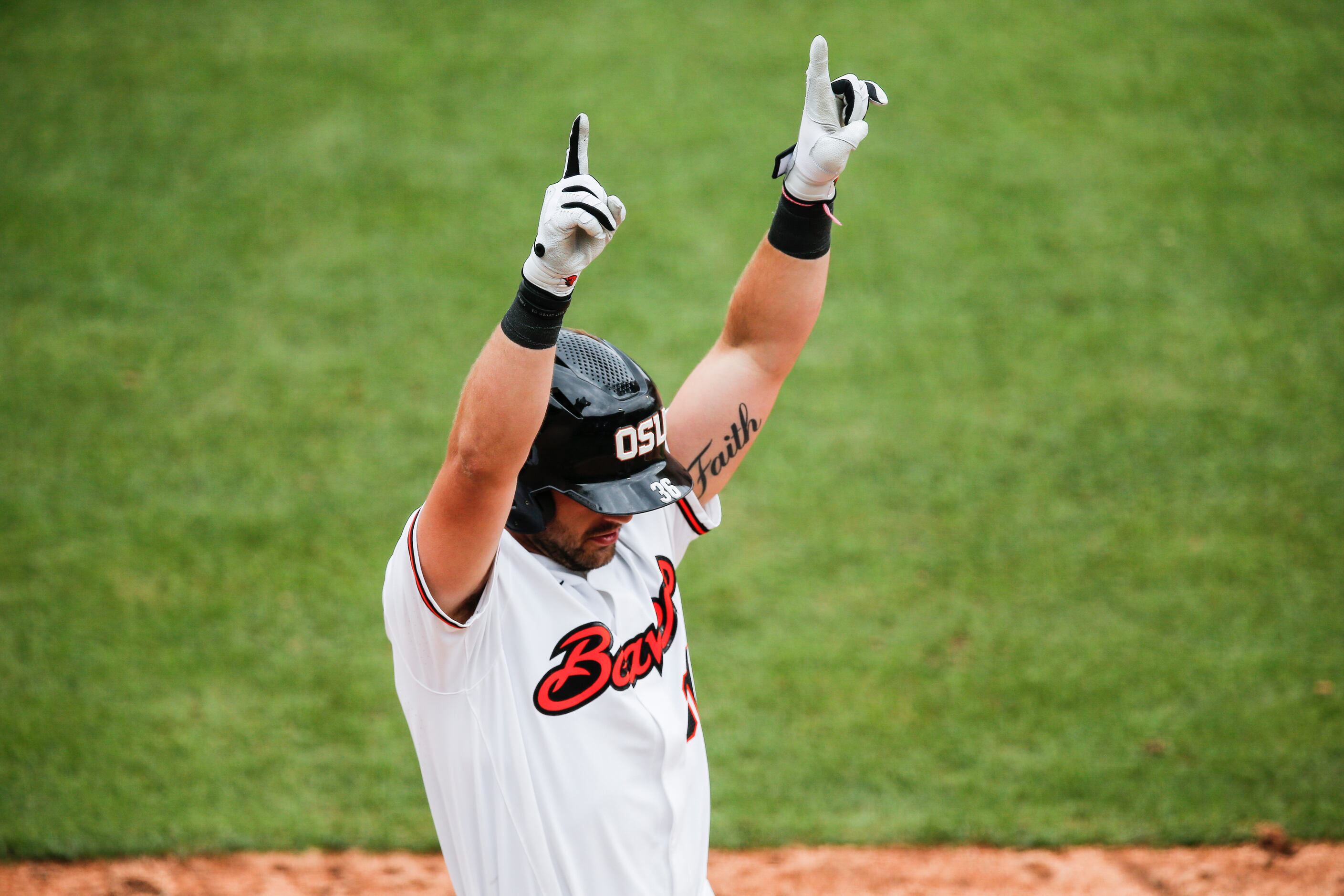 Oregon St.’s Greg Fuchs (36) celebrates hitting a two-run home run in the sixth inning...