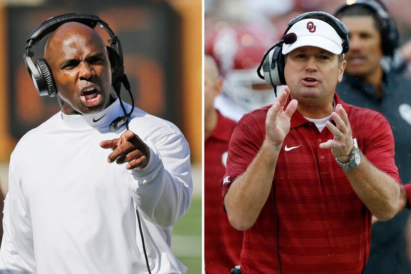 Texas coach Charlie Strong, left, and Oklahoma coach Bob Stoops are going head to head for...