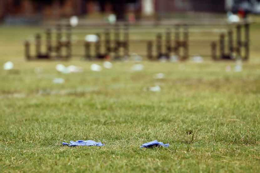 Medical supplies remain on the football field at the Juanita Craft Recreation Center in...