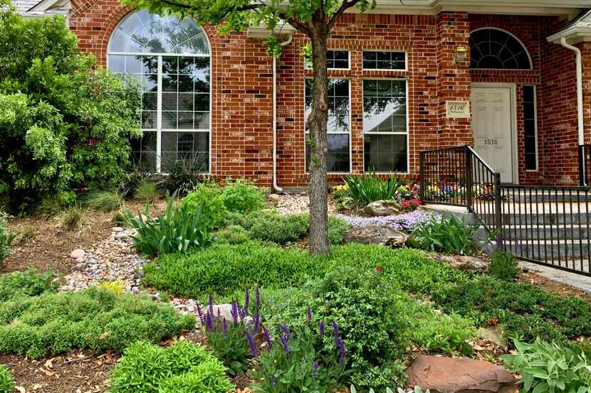 Red brick home with front garden filled with rocks and native plants