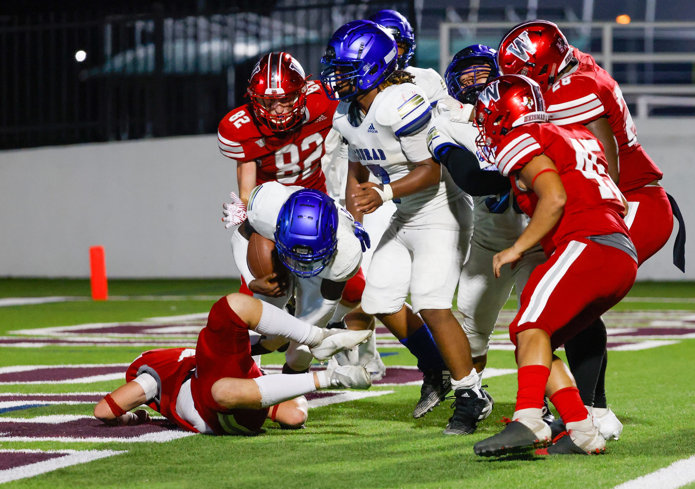 Conrad wide receiver Christian Byrum (10) recovers a fumbled ball in the end zone during the...