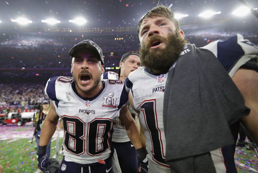 HOUSTON, TX - FEBRUARY 05:  Julian Edelman #11 of the New England Patriots and Danny...