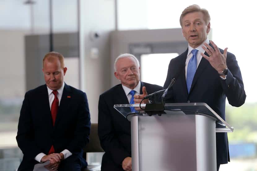Bob Gamgort (right), Keurig Dr Pepper chairman and CEO, speaks during a groundbreaking of...