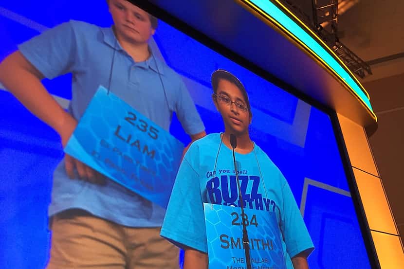  Smrithi Upadhyahyula, 12, spells "Flemish" in Round 2 of the Scripps National Spelling Bee...