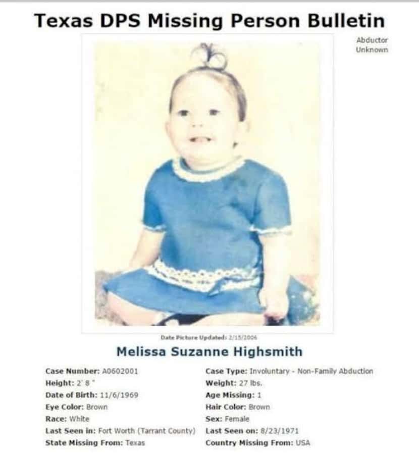 The missing persons poster for Melissa Highsmith, who was reunited with her family 51 years...