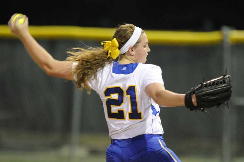 Frisco's Maddie MacGrandle pitches in the fourth inning during a Class 5A area round high...