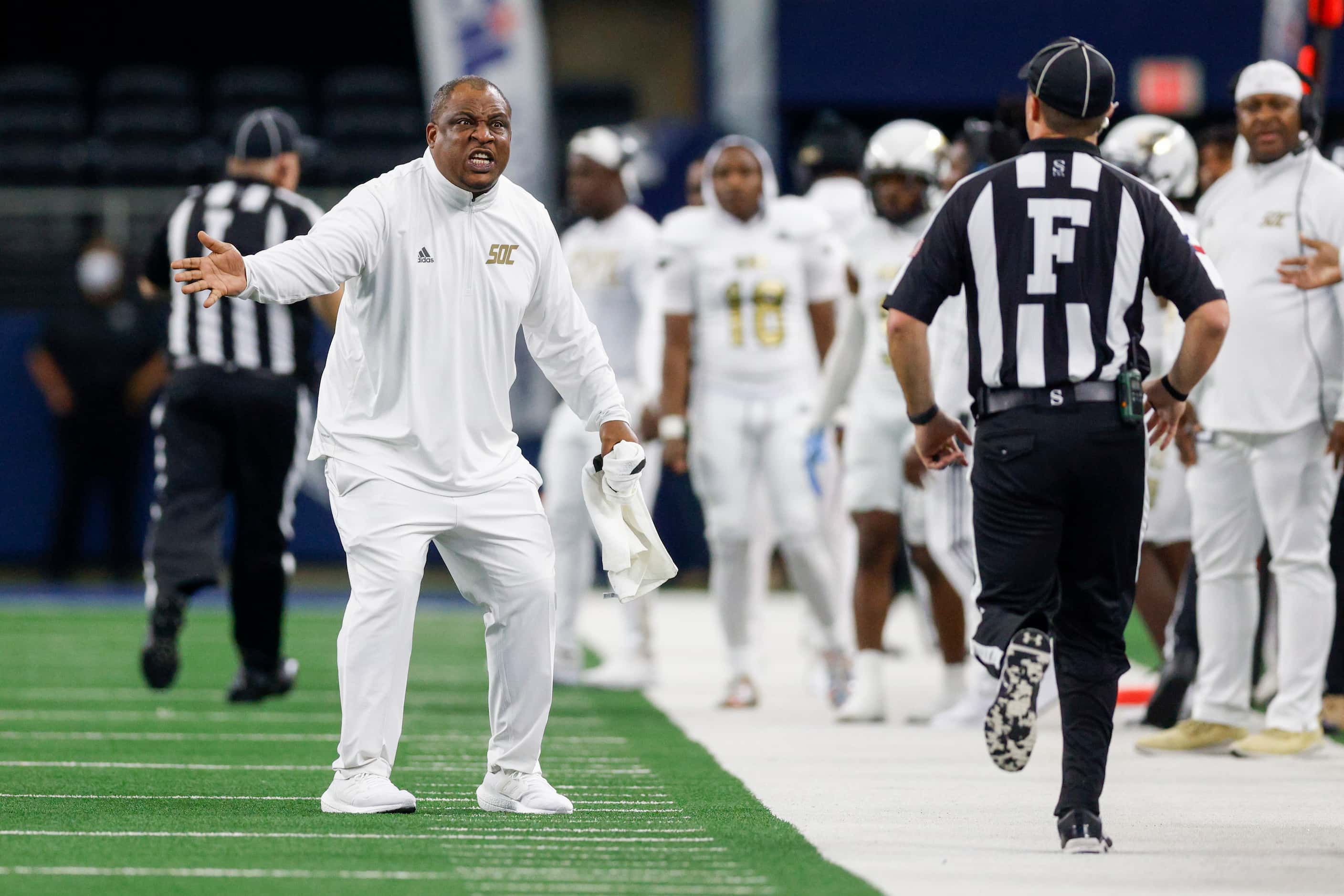 South Oak Cliff head coach Jason Todd reacts after a penalty was not called during the...