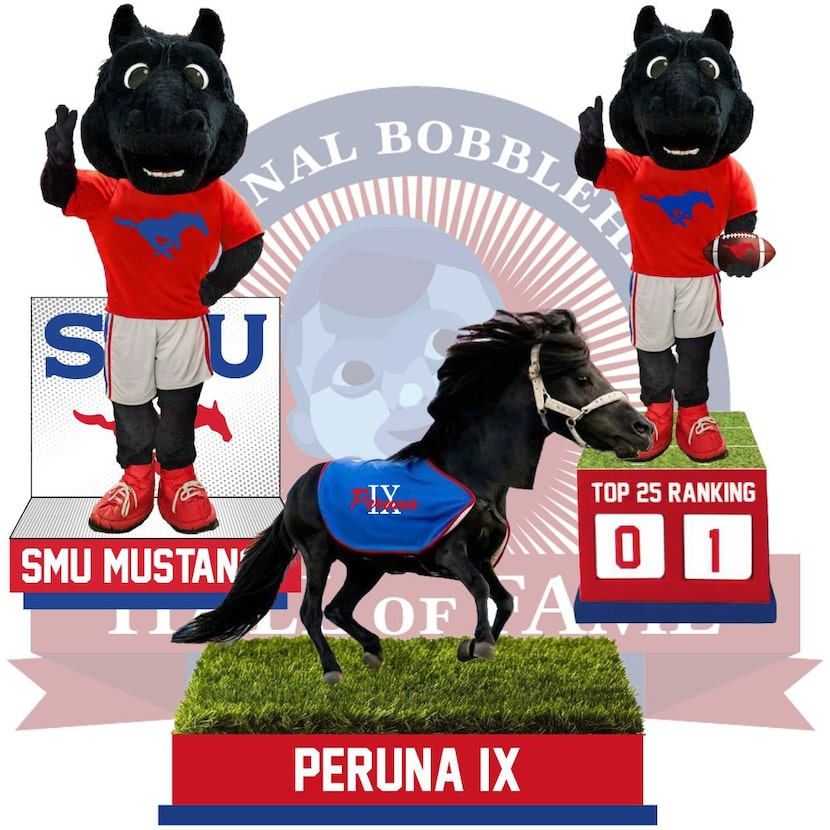 Limited edition bobbleheads of SMU's mascot Peruna from the National Bobblehead Hall of Fame...