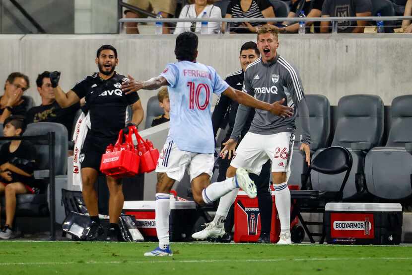 FC Dallas forward Jesus Ferreira (10) celebrates his goal against Los Angeles FC with...