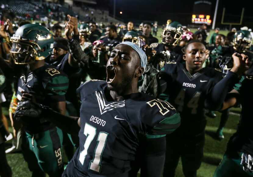 Leroy Hawkins III celebrated following the DeSoto Eagles' 40-21 win over Mansfield Summit at...