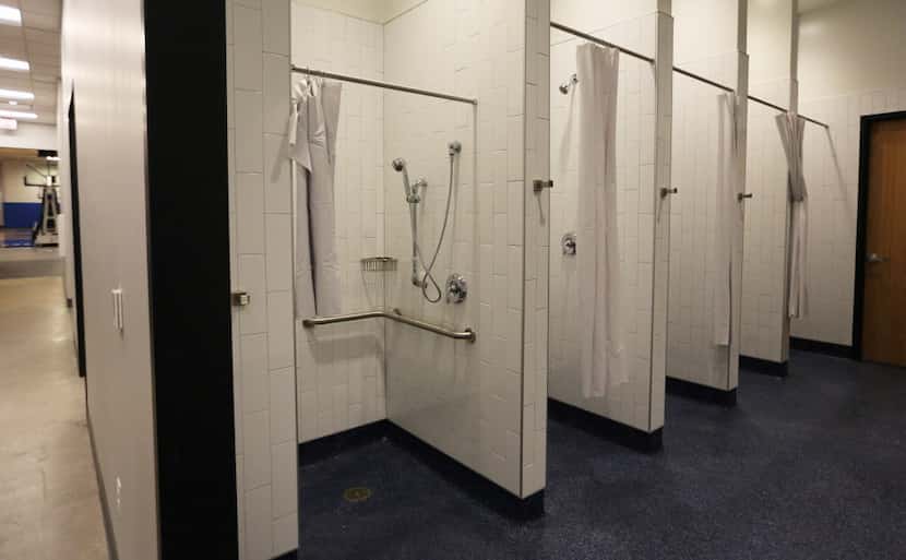 A look at the shower room at the Dallas Mavericks' new practice facility, which is directly...
