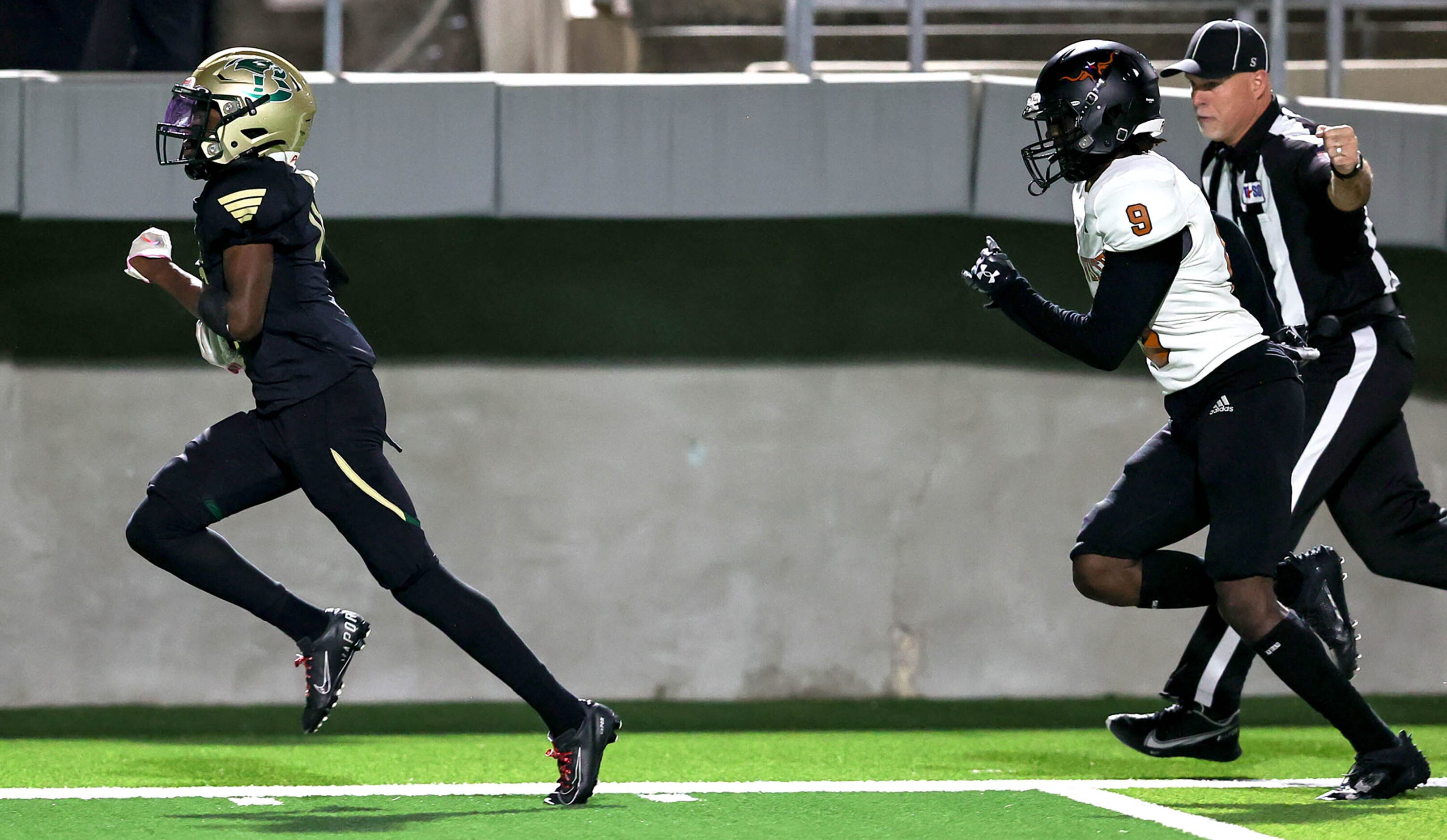 Birdville wide receiver Lamar Leggins (left) goes 56 yards past W.T. Whte defensive back...