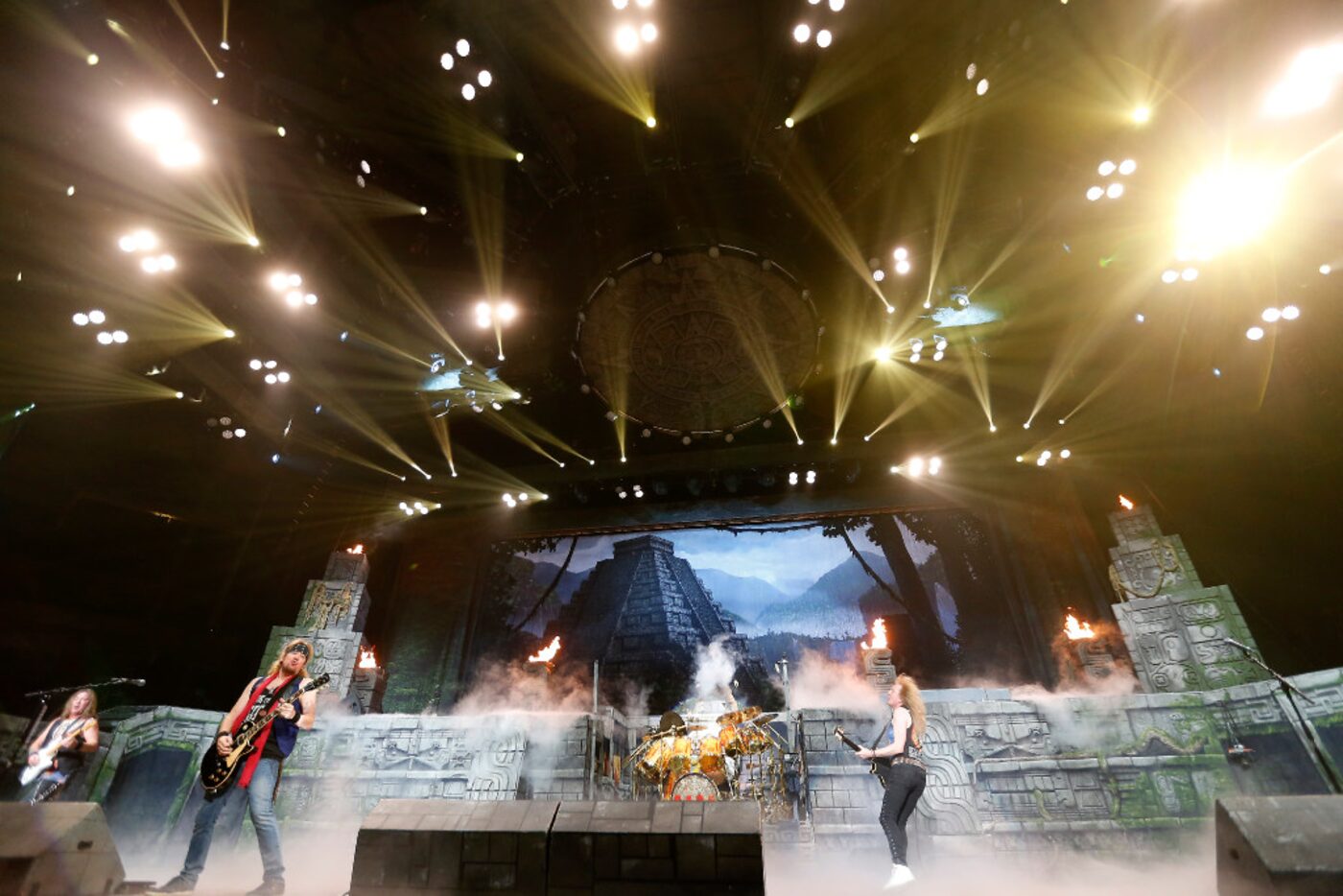 Members of Iron Maiden perform onstage during the Book Of Souls World Tour concert at...