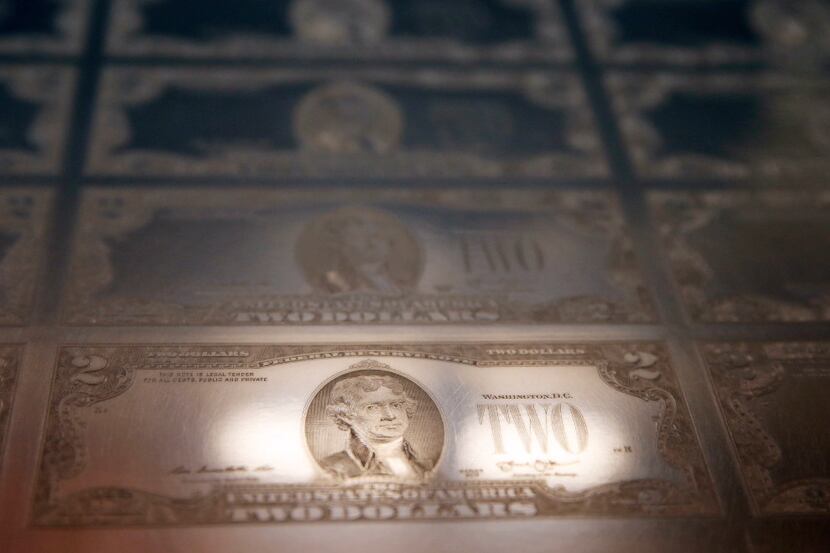One of the Intaglio engraved plates for $2 bills at the Bureau of Engraving and Printing in...