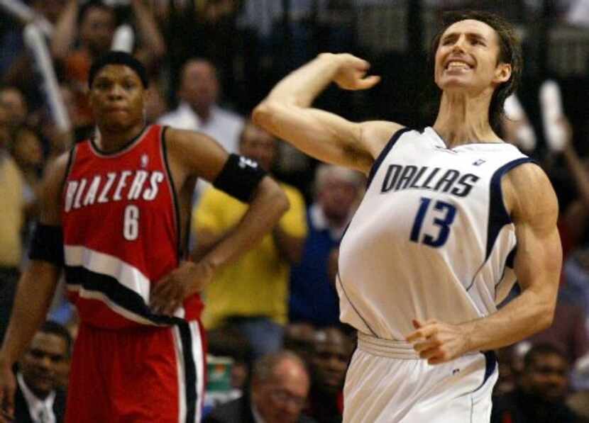  Steve Nash celebrates making a three-pointer as Portland's Bonzi Wells watches in the third...