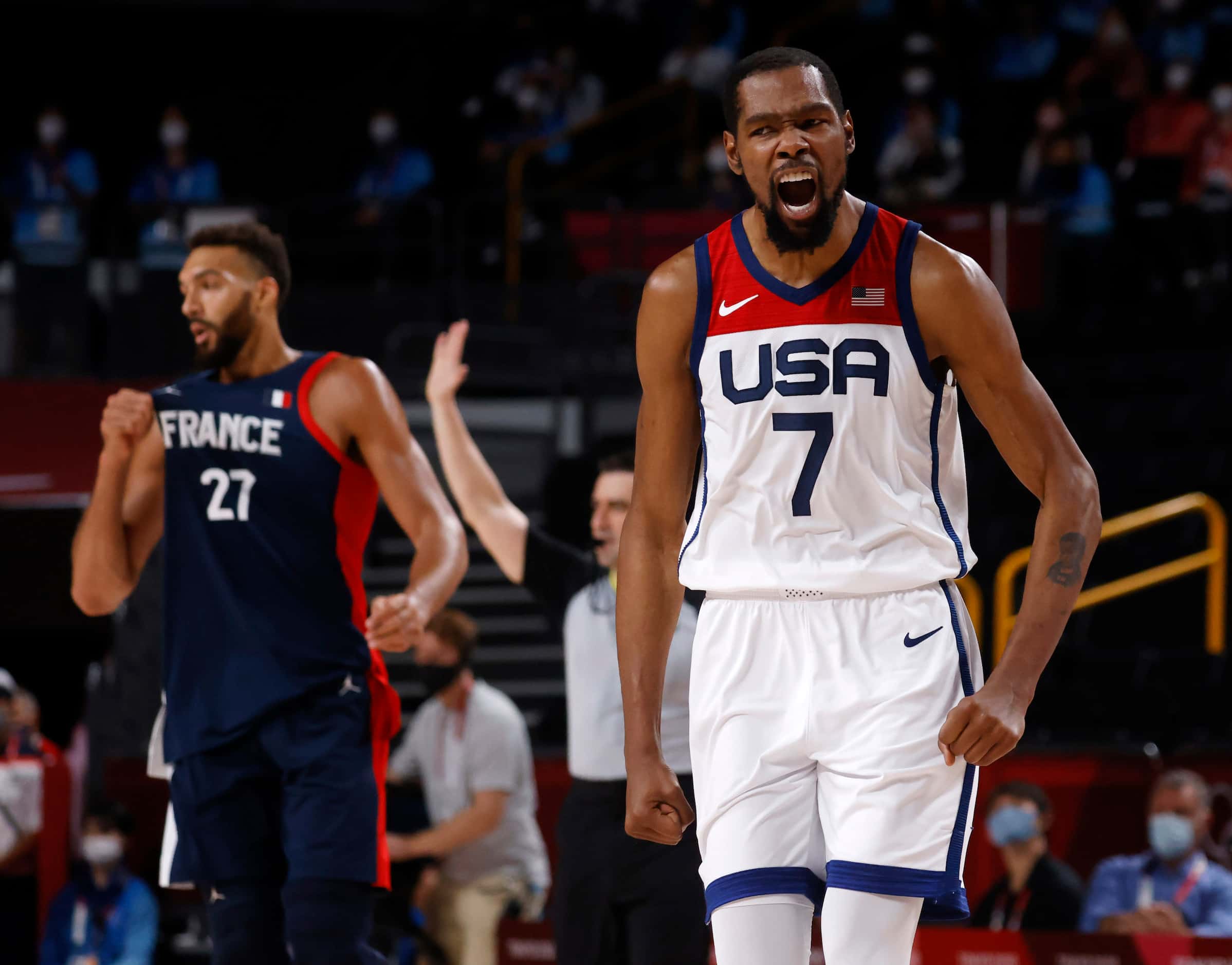USA’s Kevin Durant celebrates after making a three pointer in a game against France during...