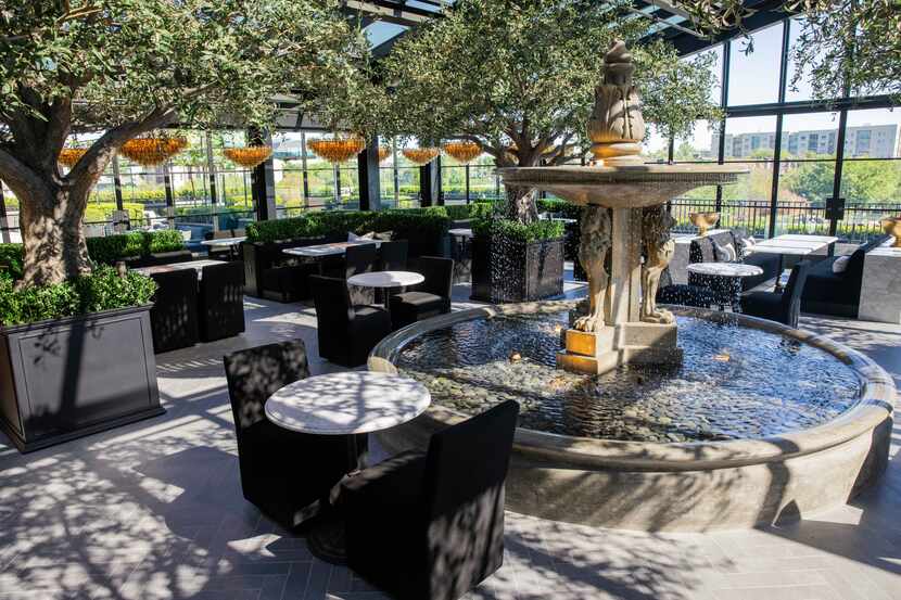 The dining area of the RH Dallas gallery rooftop restaurant. The third level includes a wine...