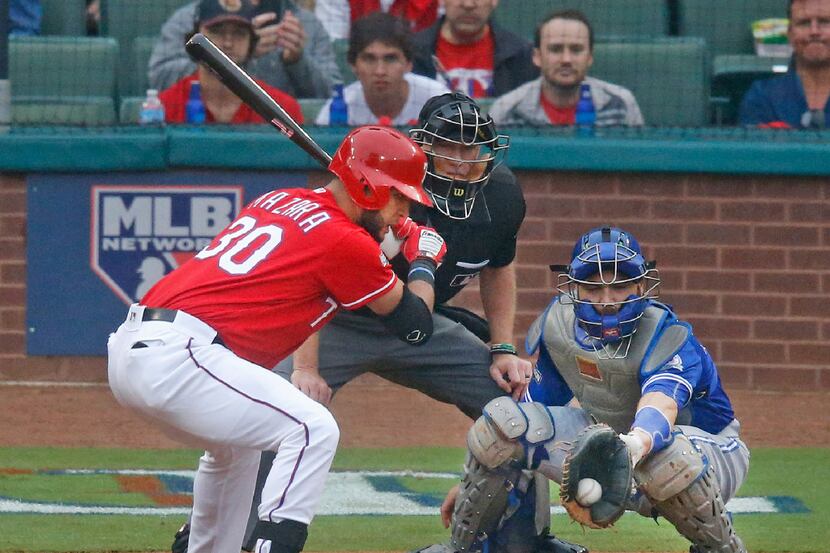 Texas Rangers right fielder Nomar Mazara (30) is called out on strikes in the second inning...